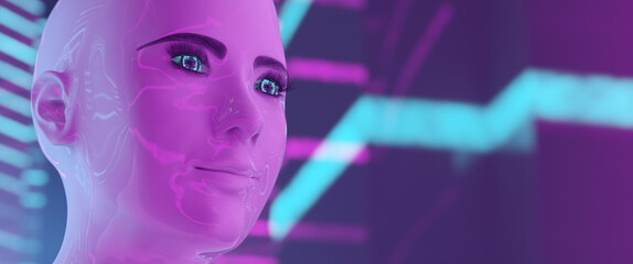 3d Avatar woman - face close up of virtual reality android looking forward to the future on a purple and blue background.