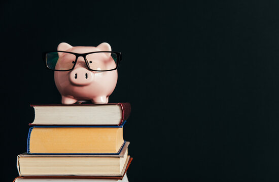 Piggy bank on a stack of books.