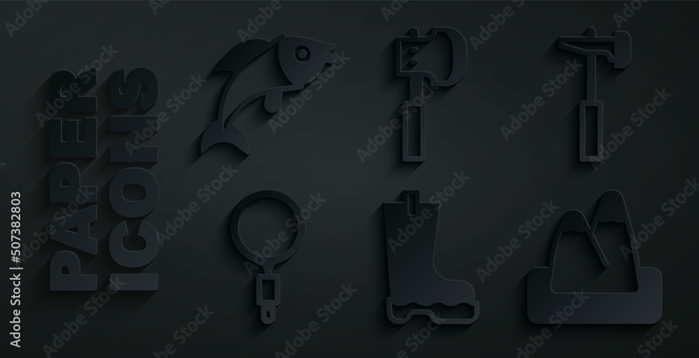 Canvas Prints Set Waterproof rubber boot, Hammer, Magnifying glass, Mountains, Wooden axe and Fish icon. Vector