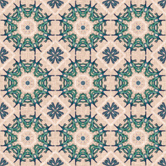 Coastal coral reef geometric quilt style linen pattern. Seamless marine fabric effect background for nautical home decor. Natural kelp geo damask in hand drawn watercolor tile print.