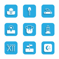 Set Hiking backpack, Road traffic sign, Moon and stars, Camping lantern, Match stick, Location for camping, Swiss army knife and Sunrise icon. Vector