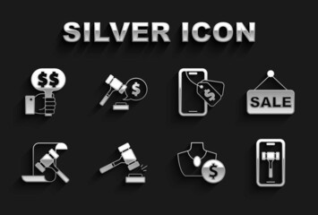 Set Auction hammer, Price tag with Sale, Online auction, jewelry sale, Hand holding paddle and price icon. Vector