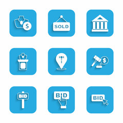 Set Auction hammer, Bid, price, Hand holding auction paddle, jewelry sale, Museum building and icon. Vector