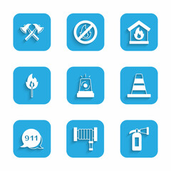 Set Flasher siren, Fire hose reel, extinguisher, Traffic cone, Emergency call 911, Burning match with fire, burning house and Firefighter axe icon. Vector