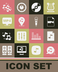 Set Music note, tone, MP3 file document, MP4, Vinyl disk, Location musical, and Microphone icon. Vector