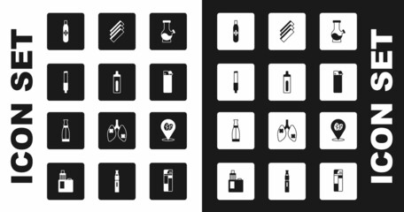 Set Bong, Electronic cigarette, Cigarette, Lighter, rolling papers, Tobacco leaf and Vape liquid bottle icon. Vector