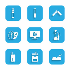 Set Tobacco leaf, Cigarettes pack box, Ashtray with cigarette, Hookah, Electronic, Broken and icon. Vector
