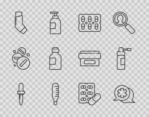 Set line Pipette, Dialogue with the doctor, Pills in blister pack, Medical thermometer, Inhaler, Bottle of medicine syrup, and nozzle spray icon. Vector