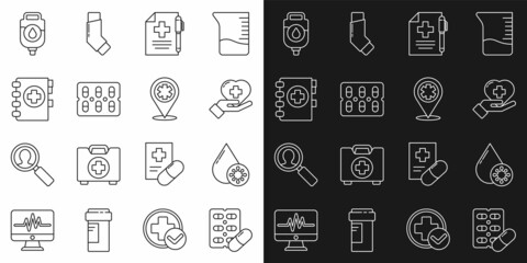 Set line Pills in blister pack, Blood test and virus, Heart with cross, Medical prescription pen, clipboard, IV bag and Map pointer hospital icon. Vector