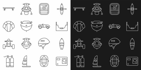 Set line Action extreme camera, Surfboard, Skate park, First aid kit, Speedboat, Parachute, Longboard or skateboard and Vintage sport racing car icon. Vector