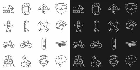 Set line Bicycle helmet, Hang glider, Helmet, Longboard or skateboard, Bungee jumping, Snowmobile and Drone flying icon. Vector