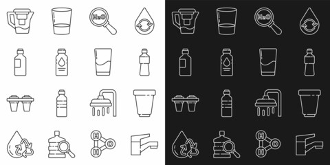 Set line Water tap, filter cartridge, Bottle of water, Chemical formula for H2O, jug with and Glass icon. Vector