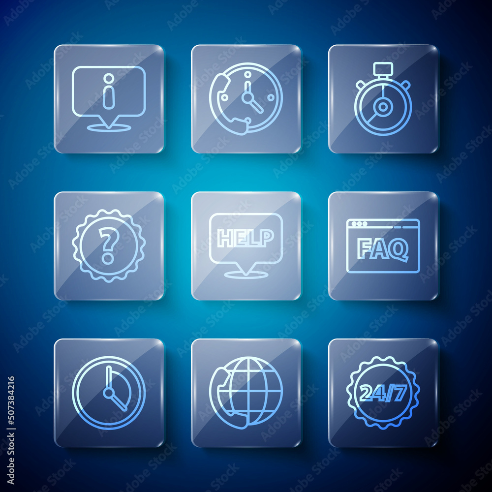 Poster set line time management, telephone 24 hours support, clock, stopwatch, speech bubble with text help