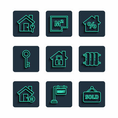 Set line House with wrong mark, Hanging sign Rent, text Sold, percant discount, under protection, key, and Heating radiator icon. Vector