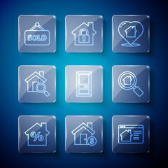 Set line House with percant discount, dollar symbol, Online real estate house, heart shape, Closed door, Search, Hanging sign text Sold and icon. Vector