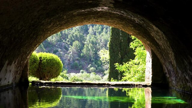 Water tunnel in the Alfabia gardens and nature park in the Tramuntana mountain - Bunyola, Mallorca, Balearic Islands, Spain