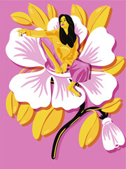 A beautiful young pregnant woman sits in a flower waiting for the birth of a small baby flower. The concept of beauty and women's power, femininity and self-love. Motherhood