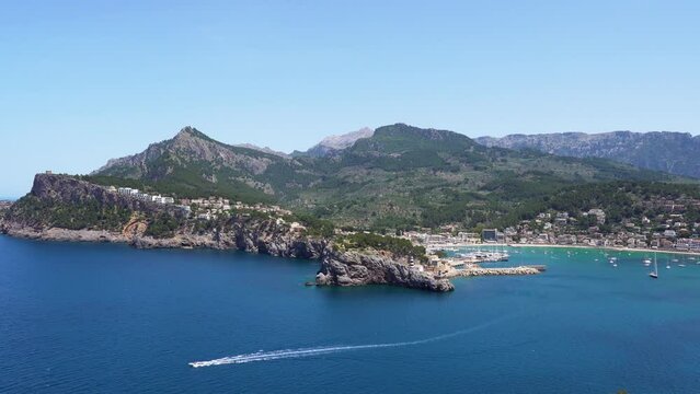 Aerial pan shot over Port de Soller bay - Mallorca, Balearic Islands, Spain.