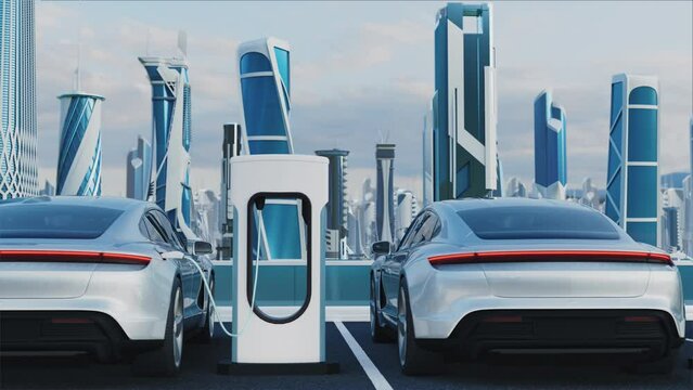 Electric charging station on the background of the city of the future. Charging station in sunset light. Charging process. Parking with electric cars. Green energy recovery concept.