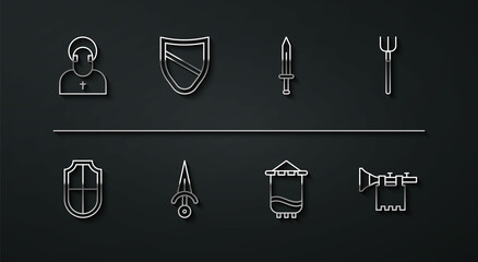 Set line Monk, Shield, Garden pitchfork, Medieval flag, Dagger, Trumpet with and sword icon. Vector