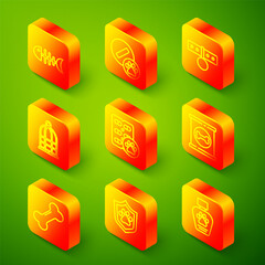 Set line Fish skeleton, Dog pill, Collar with name tag, Cage for birds, Canned food, bone and Animal health insurance icon. Vector