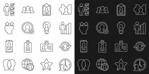 Set line Time Management, Human resources, Productive human, Clipboard with resume, Create account screen, User of, in business suit and Head lamp bulb icon. Vector