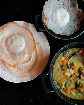 traditional south indian breakfast, appam with beef stew, kerala food
