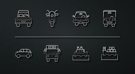 Set line Car, Hatchback car, Bus, Cruise ship, Scooter, Cargo with boxes and icon. Vector
