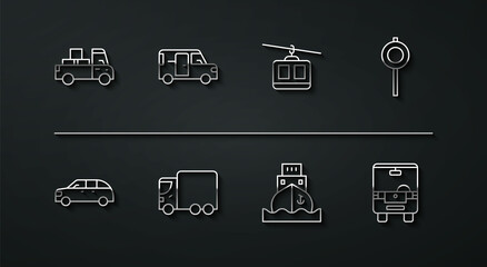 Set line Delivery truck, Hatchback car, Road traffic signpost, Cargo ship, cargo, Minibus, Bus and Cable icon. Vector