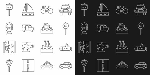 Set line Hatchback car, Submarine, Speed limit traffic, Bicycle, Minibus, Train and railway, Road signpost and Cruise ship icon. Vector