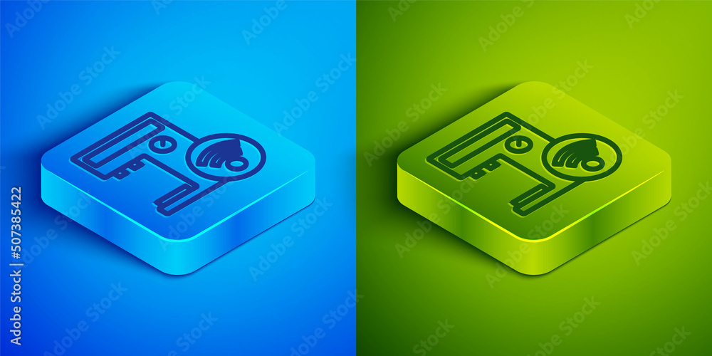 Poster isometric line smart coffee machine system icon isolated on blue and green background. internet of t