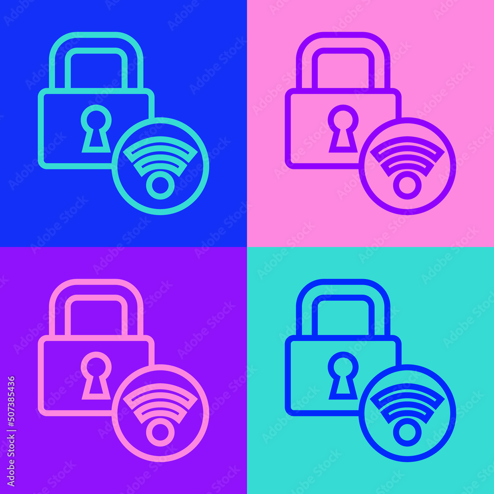 Poster pop art line digital door lock with wireless technology for unlock icon isolated on color background