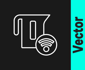 White line Smart electric kettle system icon isolated on black background. Teapot icon. Internet of things concept with wireless connection. Vector