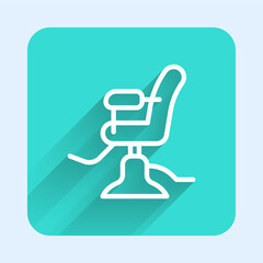 White line Barbershop chair icon isolated with long shadow. Barber armchair sign. Green square button. Vector