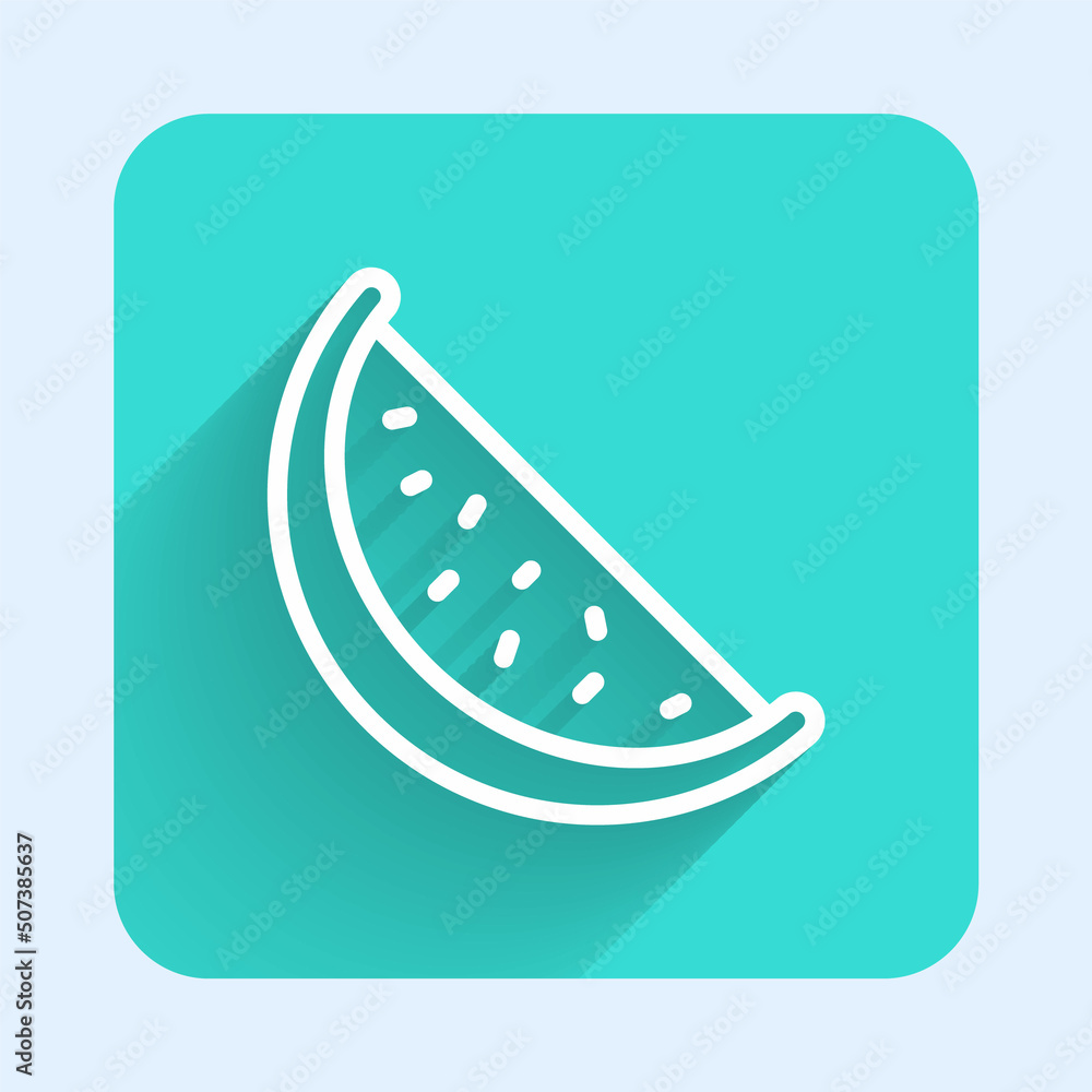 Poster white line watermelon icon isolated with long shadow. green square button. vector