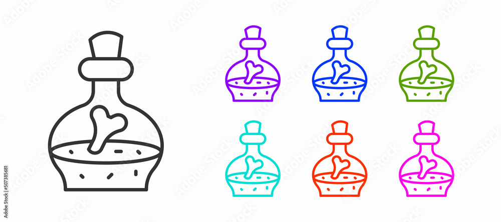 Sticker Black line Bottle with potion icon isolated on white background. Flask with magic potion. Happy Halloween party. Set icons colorful. Vector