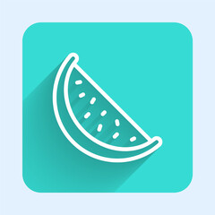 White line Watermelon icon isolated with long shadow. Green square button. Vector