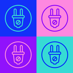 Obraz premium Pop art line Electric plug icon isolated on color background. Concept of connection and disconnection of the electricity. Vector