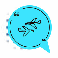 Black line Plane icon isolated on white background. Flying airplane icon. Airliner sign. Blue speech bubble symbol. Vector