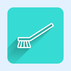 White line Brush for cleaning icon isolated with long shadow background. Cleaning service concept. Green square button. Vector