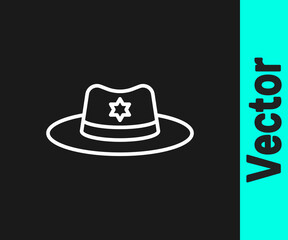 White line Sheriff hat with badge icon isolated on black background. Vector