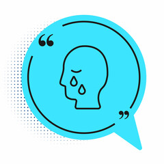 Black line Man graves funeral sorrow icon isolated on white background. The emotion of grief, sadness, sorrow, death. Blue speech bubble symbol. Vector