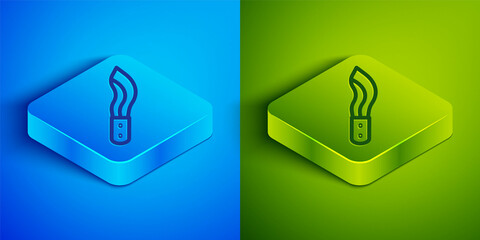 Isometric line Machete or big knife icon isolated on blue and green background. Square button. Vector