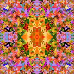 Imagen de arte fractal digital compuesta de piezas irregulares aleatorias colocadas ordenadamente formando una especie de mosaico extraordinario de colores llamativos.