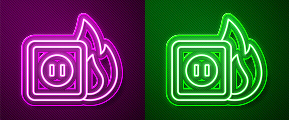 Glowing neon line Electric wiring of socket in fire icon isolated on purple and green background. Electrical safety concept. Plug outlet on fire. Vector