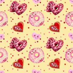 Seamless watercolor pattern with sweets. Sweet background for menus, postcards, textiles, scrapbooking, wrapping paper