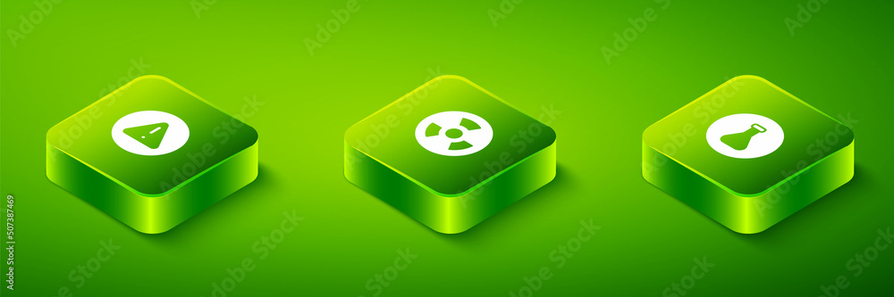 Aufkleber set isometric radioactive, test tube and flask and exclamation mark in triangle icon. vector
