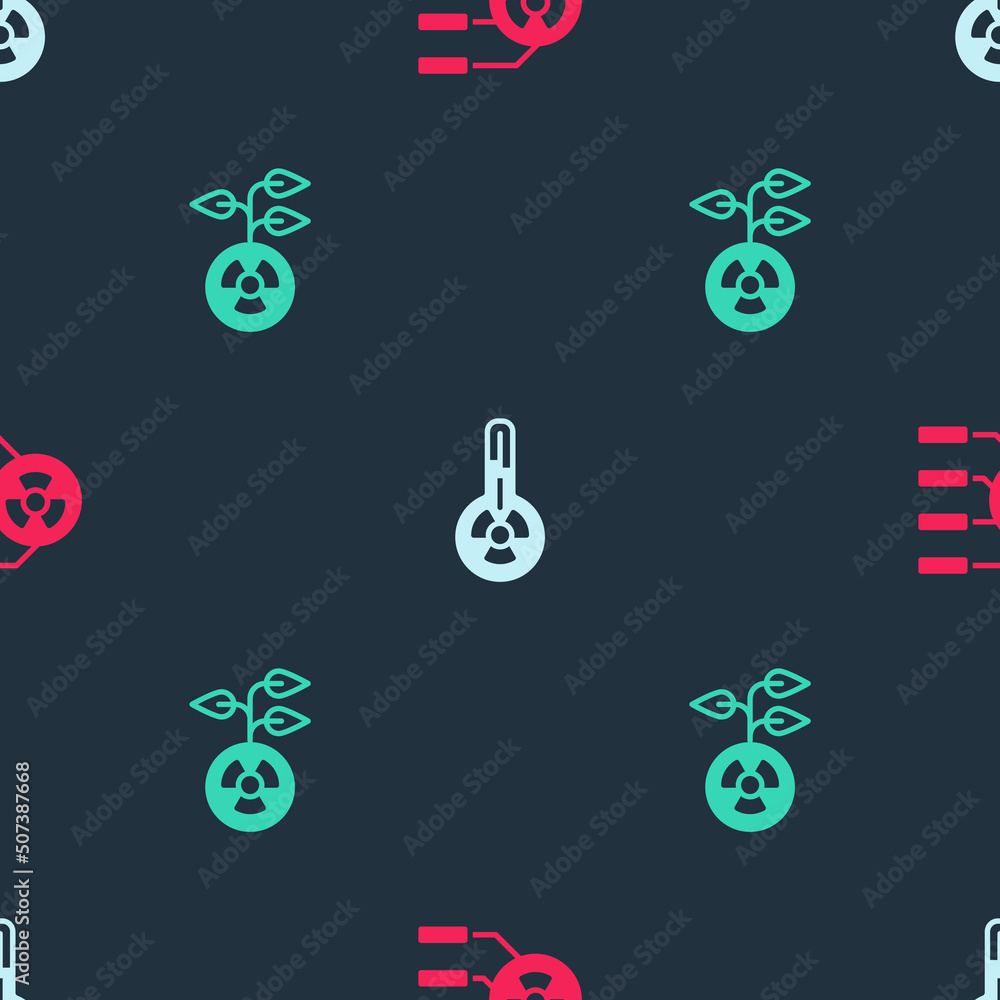 Poster set radioactive, meteorology thermometer and on seamless pattern. vector