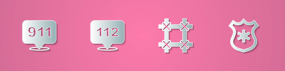 Set paper cut Telephone call 911, 112, Prison window and Police badge icon. Paper art style. Vector