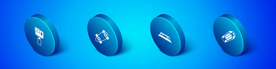 Set Isometric Action camera, Skateboard stairs with rail, deck and Longboard or skateboard icon. Vector